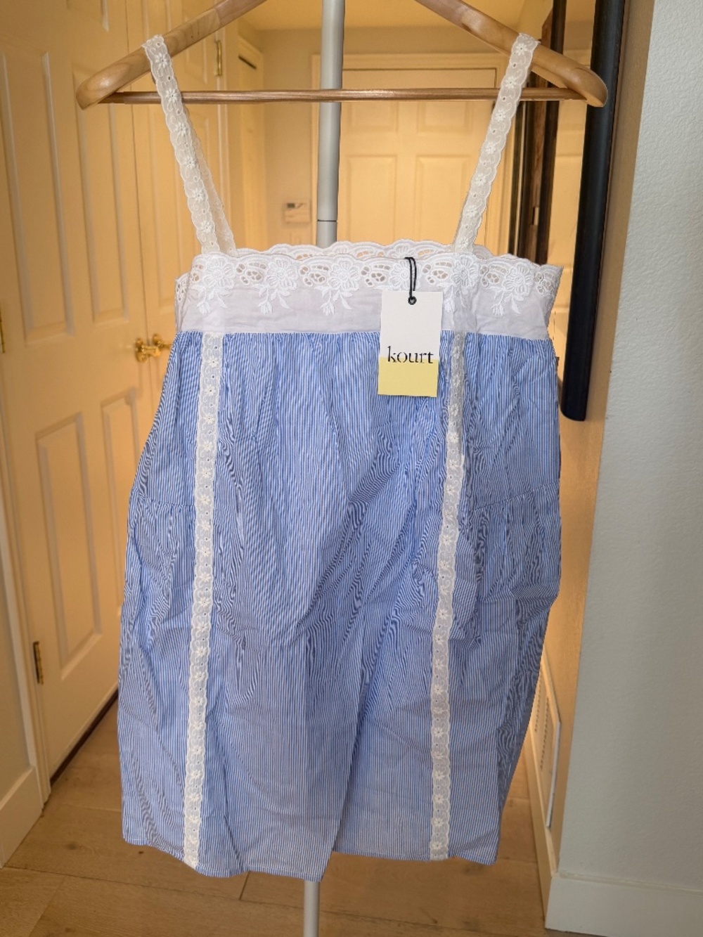 NWT Kourt Florence Blue Stripe Lace Cotton Mini Dress M